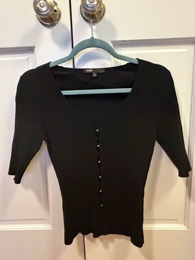 Maje Black V-Neck Button-Front Short Sleeve Knit Top